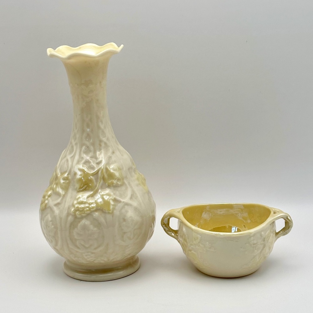 Belleek Ireland 7th Mark Grapevine Vase & Cup Set 7"